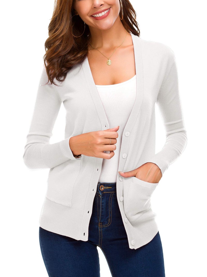 EXCHIC Women's Long Sleeve Open Front Cardigan Sweaters Lightweight Button Down Knit Sweater(White, Large) - Image 3